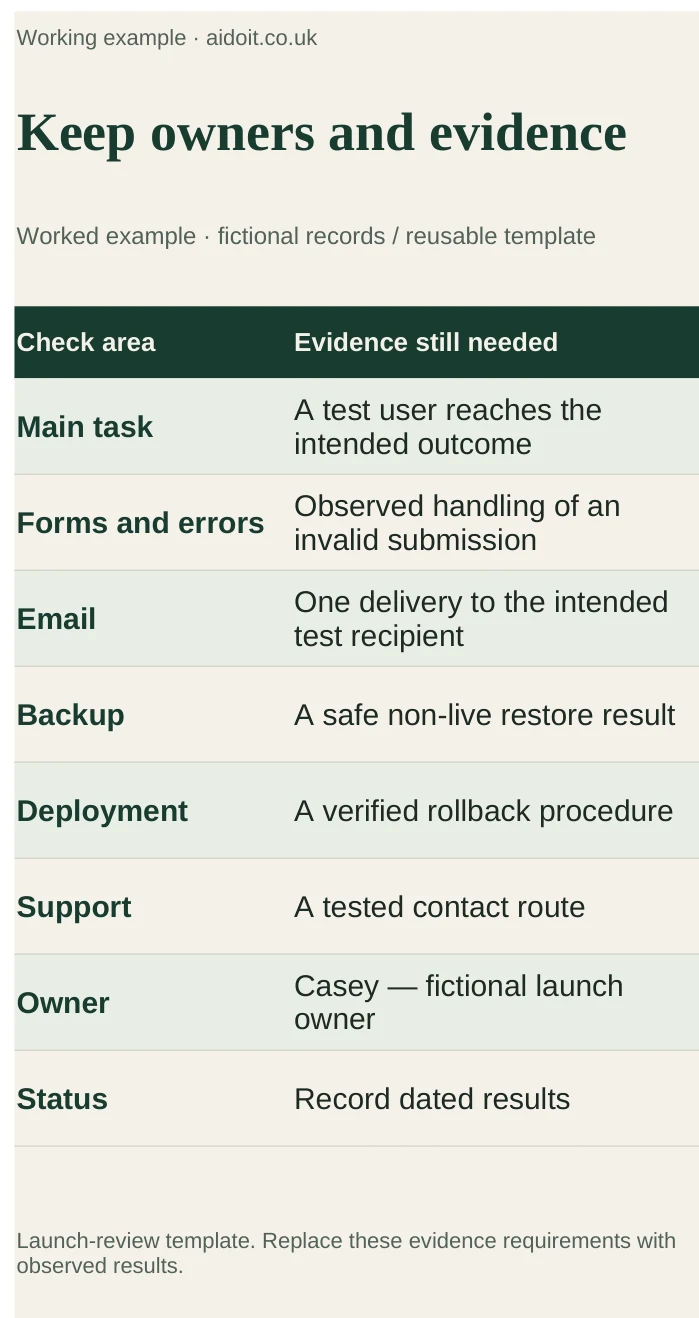 Launch-review checklist with test areas, owners and evidence fields for task delivery, recovery and support.